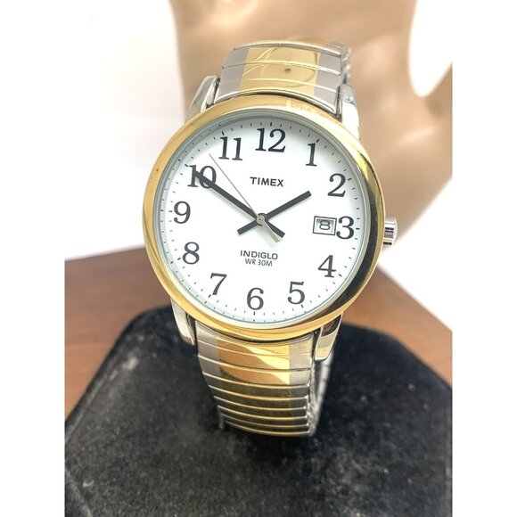 Timex Men's Watch T2H311 Indiglo White Dial Quartz Two Tone Expansion Band 35mm - Picture 1 of 13